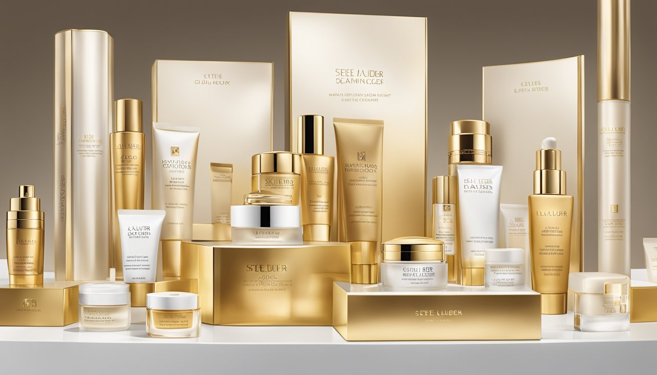 A luxurious gold and white beauty counter displays Estée Lauder products. Spotlights highlight the elegant packaging and iconic logo