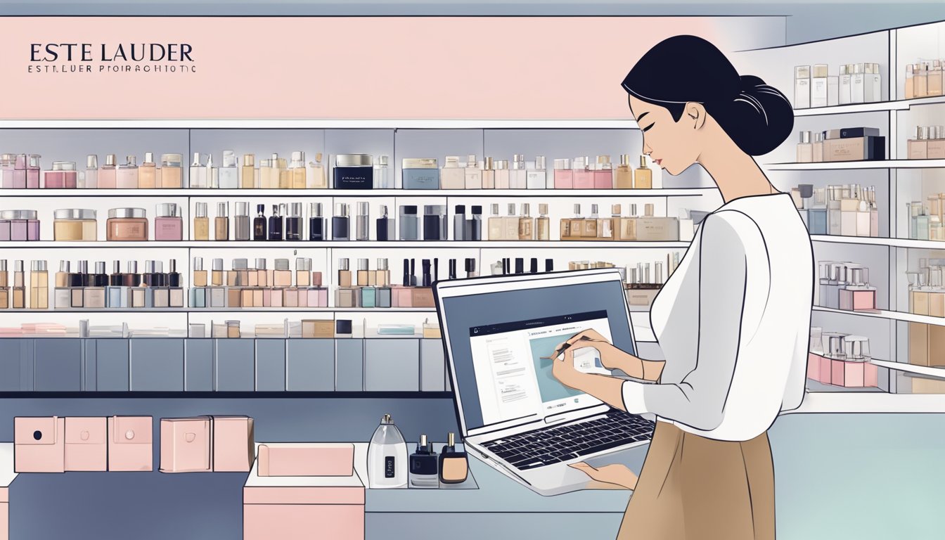 Customers browsing estee lauder products online in Singapore. Brand logo, product images, and FAQ section visible on the screen