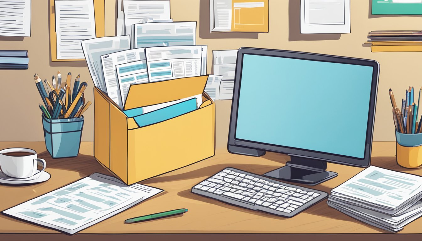 A stack of envelopes with "Frequently Asked Questions" printed on them, surrounded by various office supplies and a computer screen displaying a website