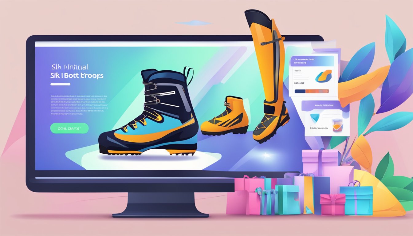 A computer screen shows a website with various ski boot options. A cursor clicks on a specific pair, adding them to a virtual shopping cart