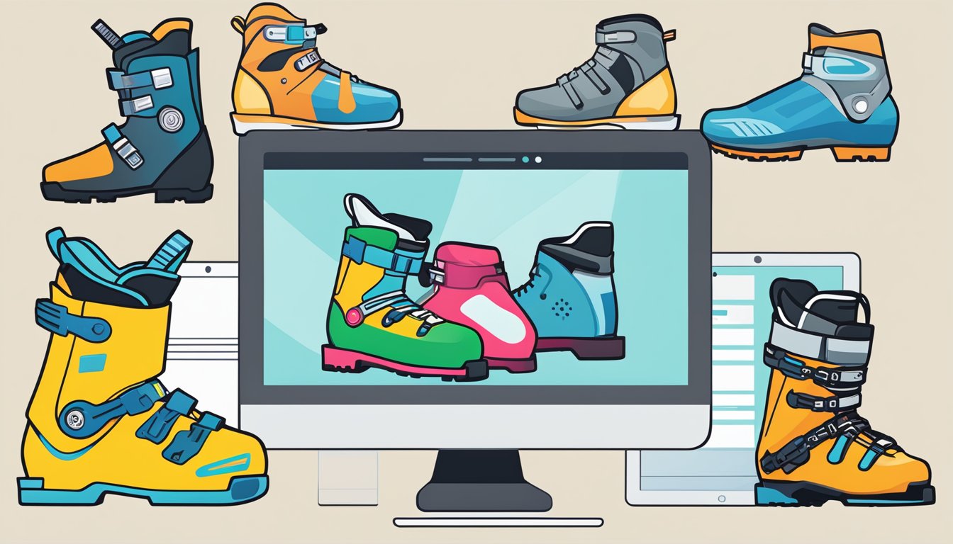 A computer screen displaying a variety of ski boots on an online shopping website, with a cursor hovering over the "Add to Cart" button