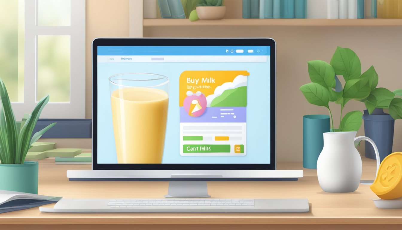 A computer screen displaying a website with a cart icon and "buy soy milk online" button
