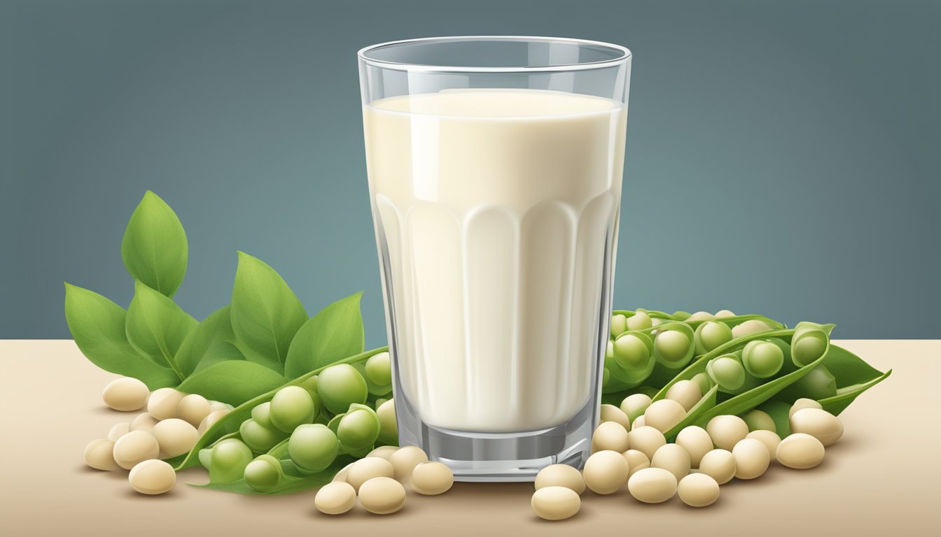 A glass of soy milk surrounded by fresh soybeans and a banner reading "Benefits of Soy Milk" with a link to buy soy milk online