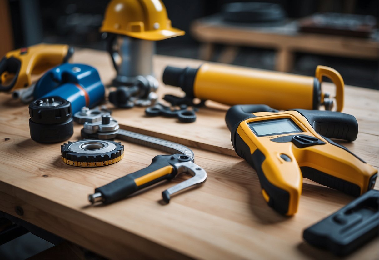 A workbench with saw, drill, and measuring tape. Safety goggles and gloves nearby. Outdoor furniture blueprint on the table