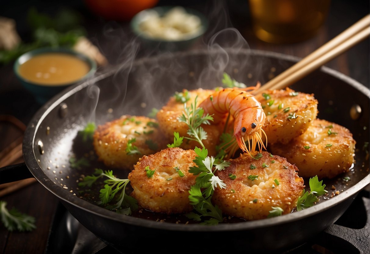 Golden prawn fritters sizzling in hot oil, surrounded by aromatic herbs and spices. A pair of chopsticks hovers nearby, ready to pluck the crispy delicacies from the pan