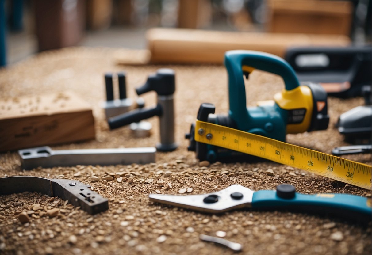 A workbench with tools and wood, measuring tape, and outdoor furniture plans laid out. Sawdust on the ground