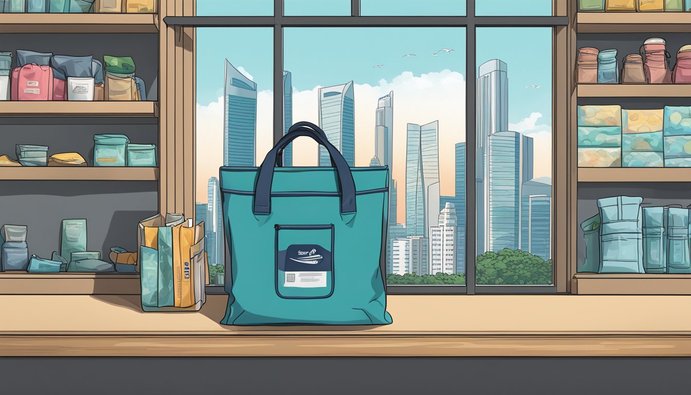 A hand reaching for a Stasher Bag on a shelf, with the Singapore skyline visible through a window in the background