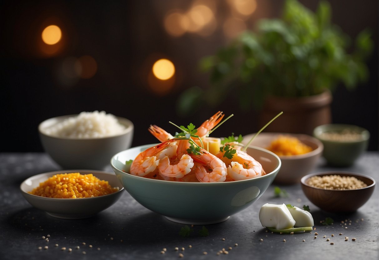 A bowl of prawns, flour, eggs, and seasonings. Alternative ingredients like tofu and vegetables nearby. Recipe book open to Chinese prawn fritters