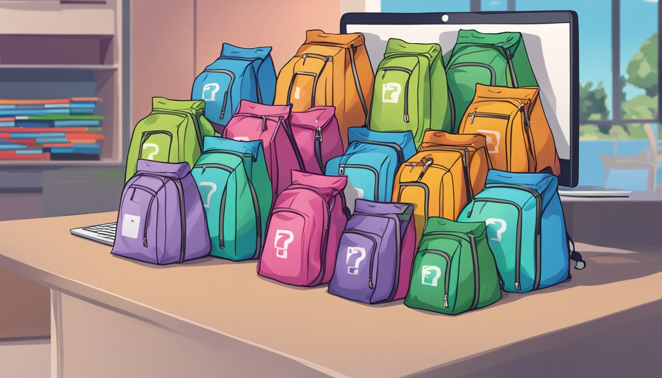 A stack of colorful Stasher bags with "Frequently Asked Questions" displayed on a computer screen in the background