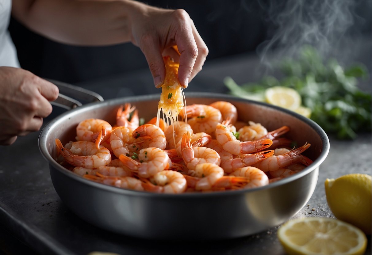 Fresh prawns being peeled and deveined, then coated in a seasoned batter mixture before being carefully dropped into sizzling hot oil