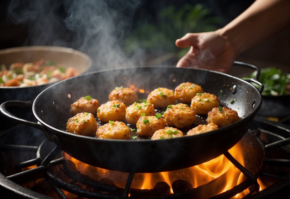 Prawn fritters sizzle in a hot wok, surrounded by bubbling oil. A hand dips the fritters into the batter before dropping them into the wok