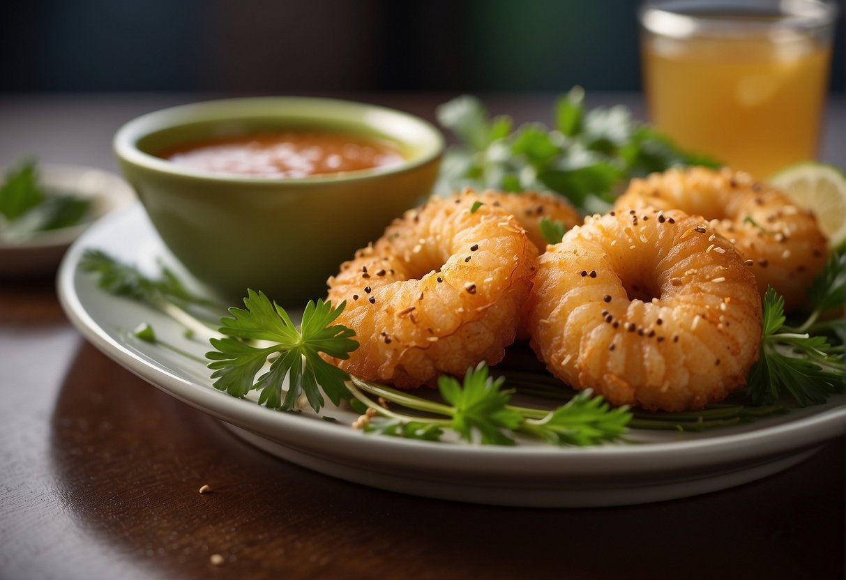 Golden prawn fritters arranged on a decorative platter with a side of dipping sauce. Garnished with fresh herbs and a sprinkle of sesame seeds