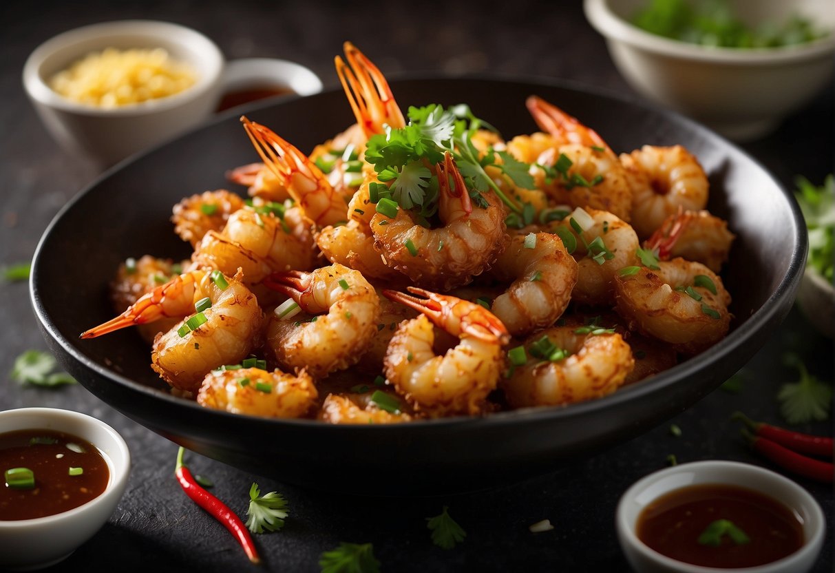 A sizzling wok fries up golden prawn fritters, surrounded by bowls of soy sauce and chili dipping sauce. Chopped scallions and cilantro garnish the crispy, savory appetizer