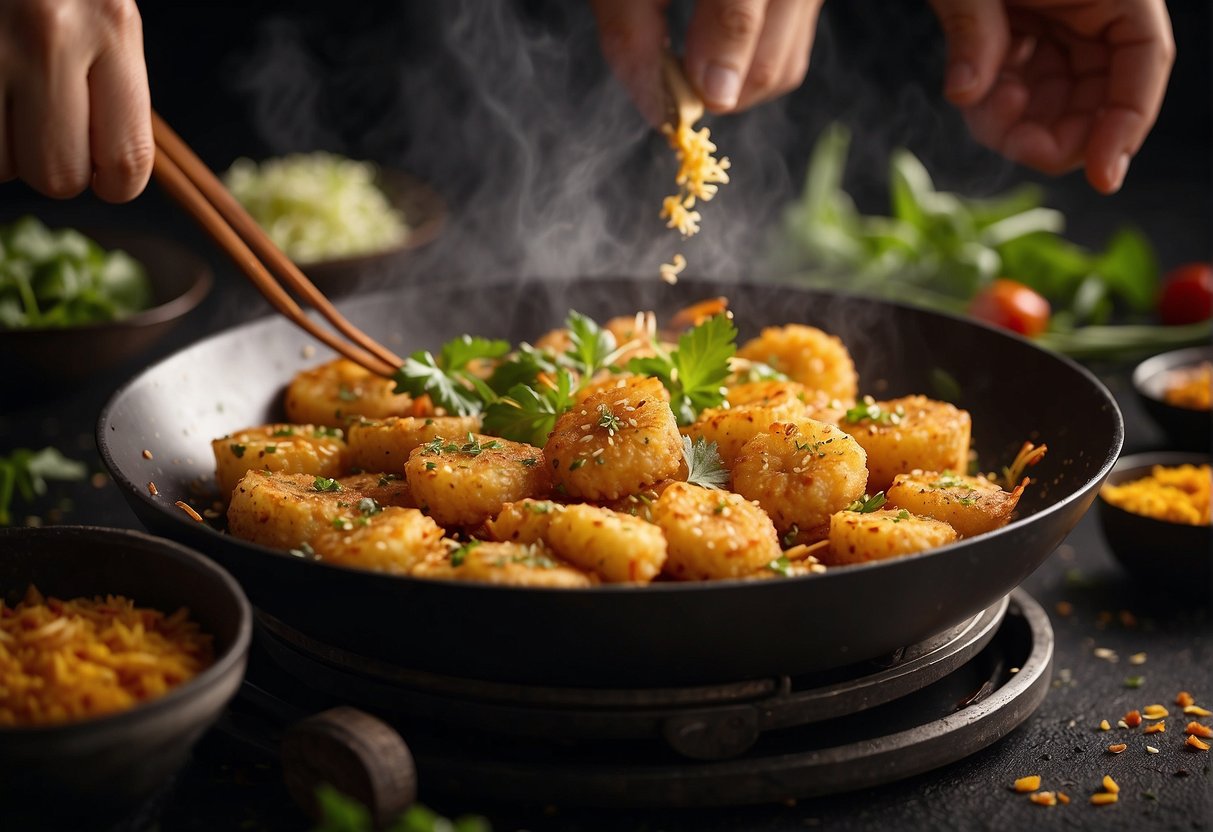 A sizzling wok fries up golden prawn fritters, surrounded by aromatic Chinese spices and ingredients. A chef's hand adds a final touch, garnishing the dish with a sprinkle of fresh herbs