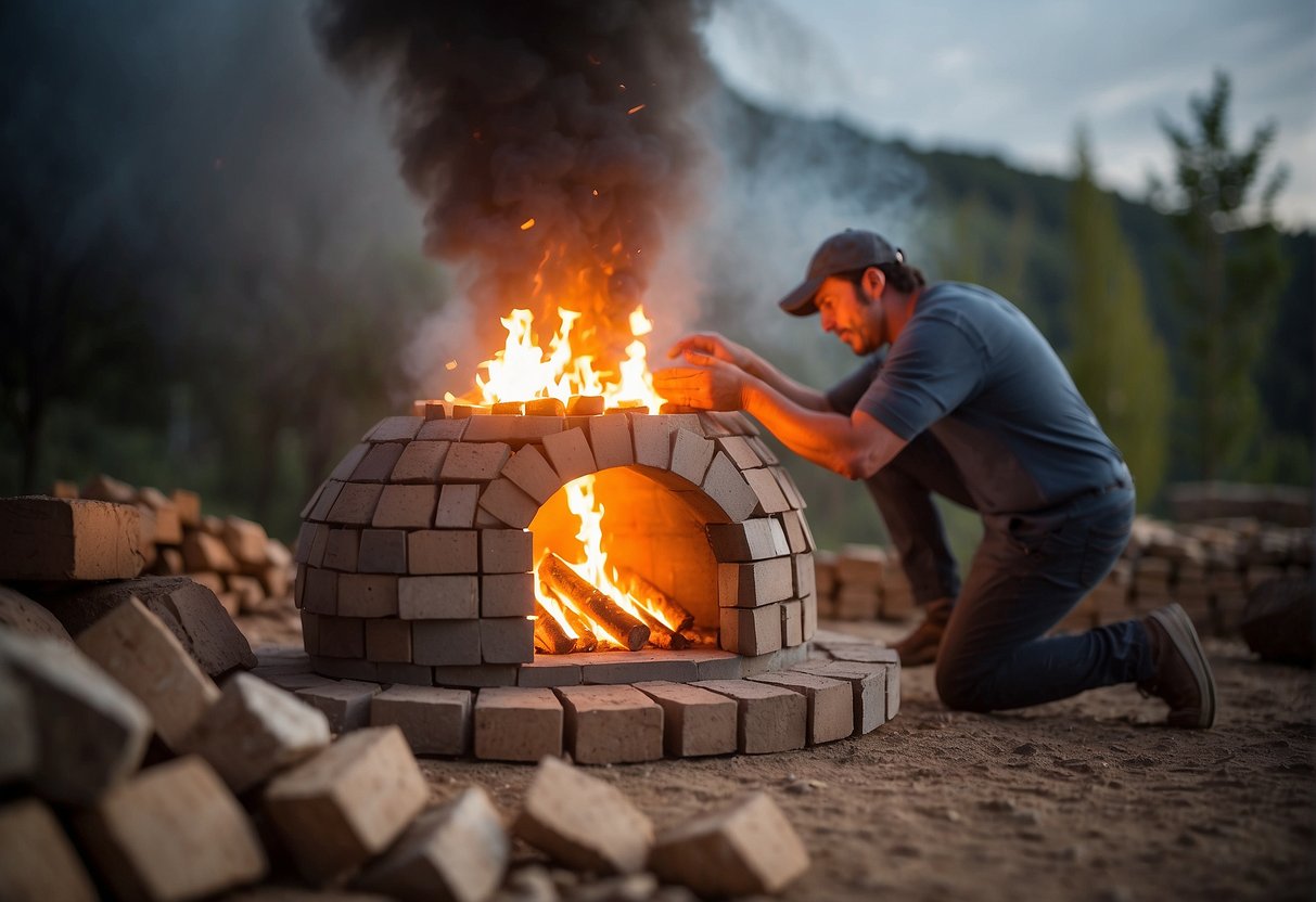 A person stacking bricks to form a dome-shaped outdoor oven, with a fire burning inside and smoke rising from the chimney