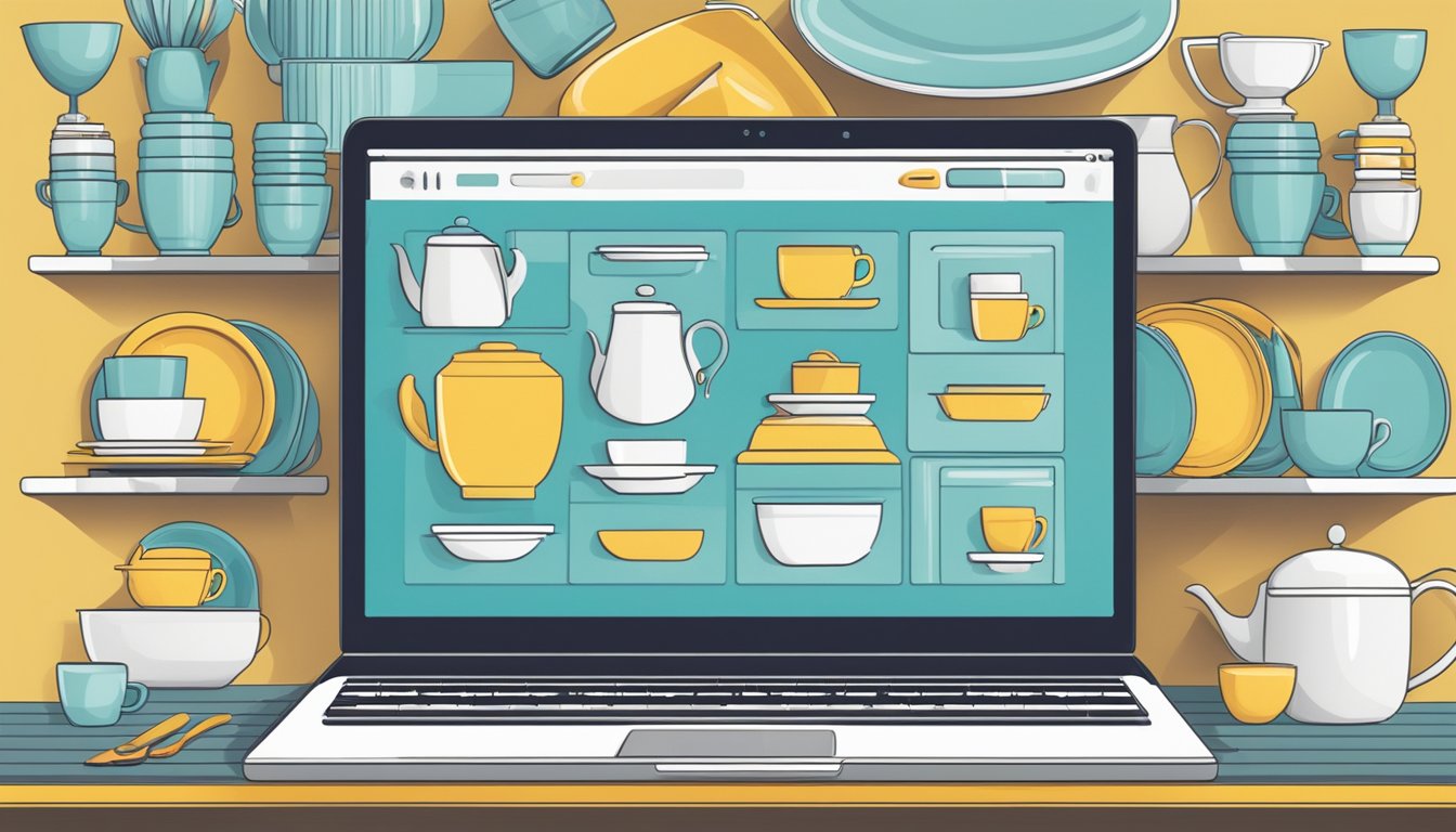 A laptop displaying a variety of tableware on an online shopping website. Add to cart button highlighted