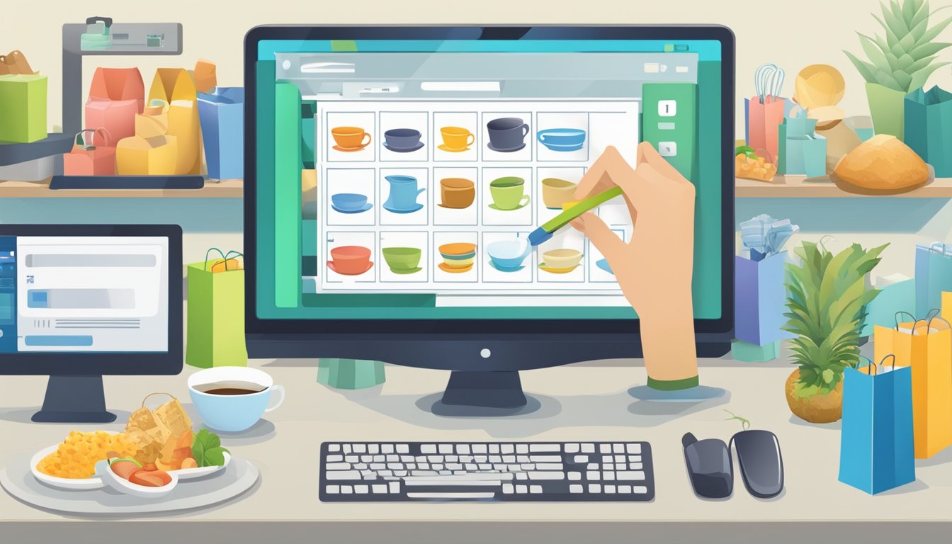 A computer screen displaying a selection of tableware items. A hand cursor clicks the "Complete Purchase" button. A digital shopping cart is visible in the corner