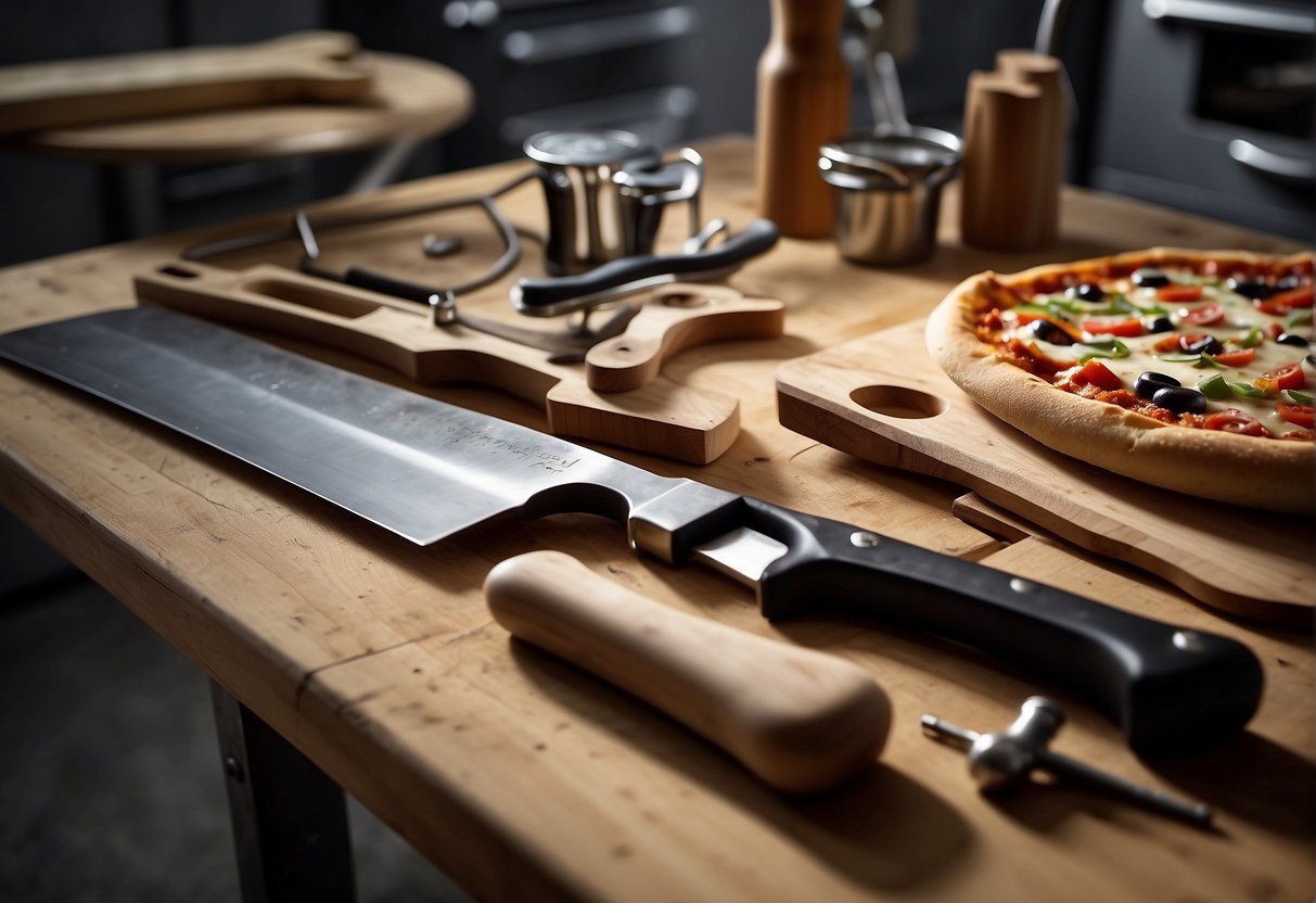 A table with various tools: hammer, nails, saw, and wood. Beside it, a shelf holds accessories such as oven gloves, apron, and a pizza peel