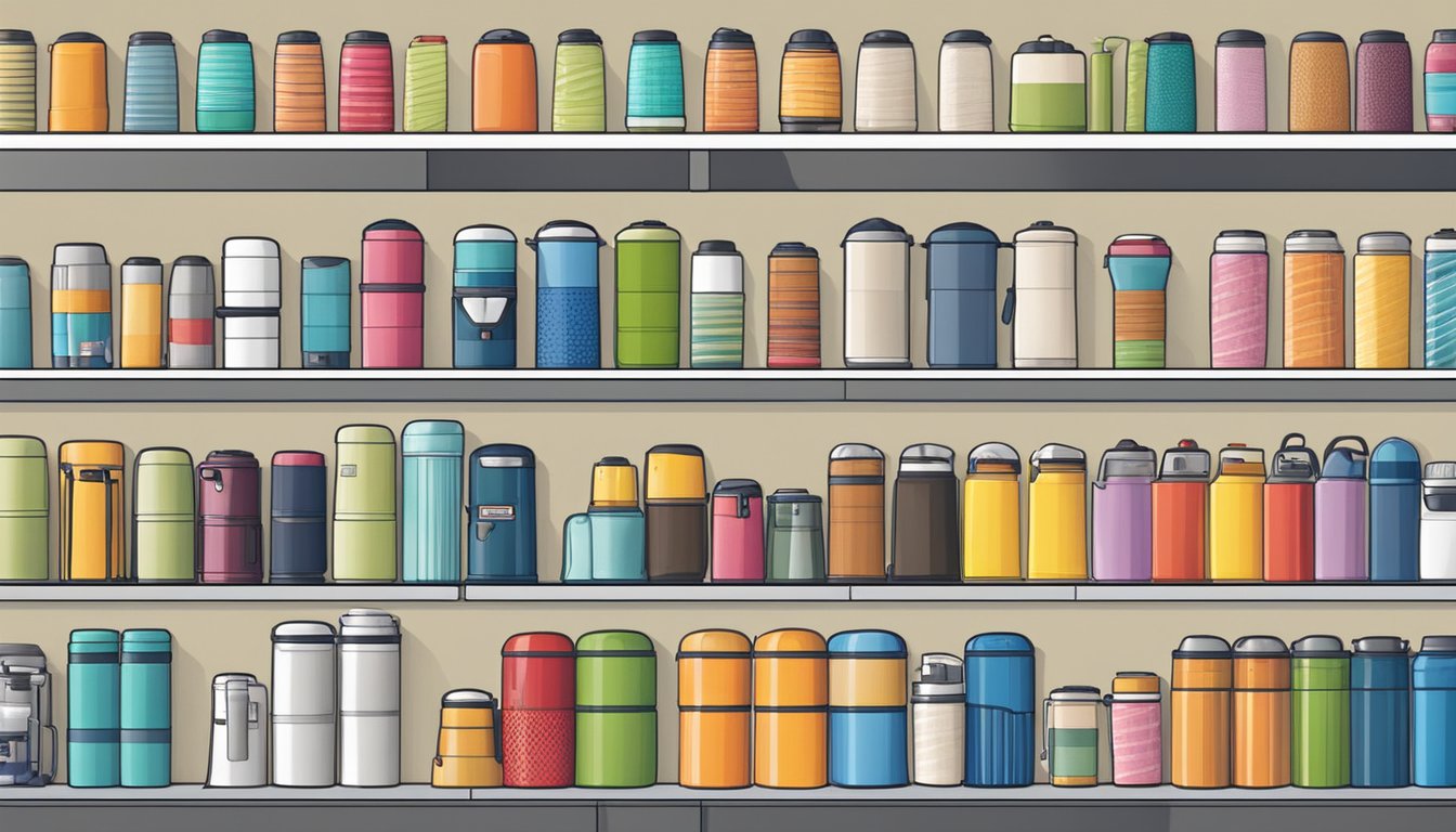 A display of various thermos options on a shelf with a Singapore backdrop