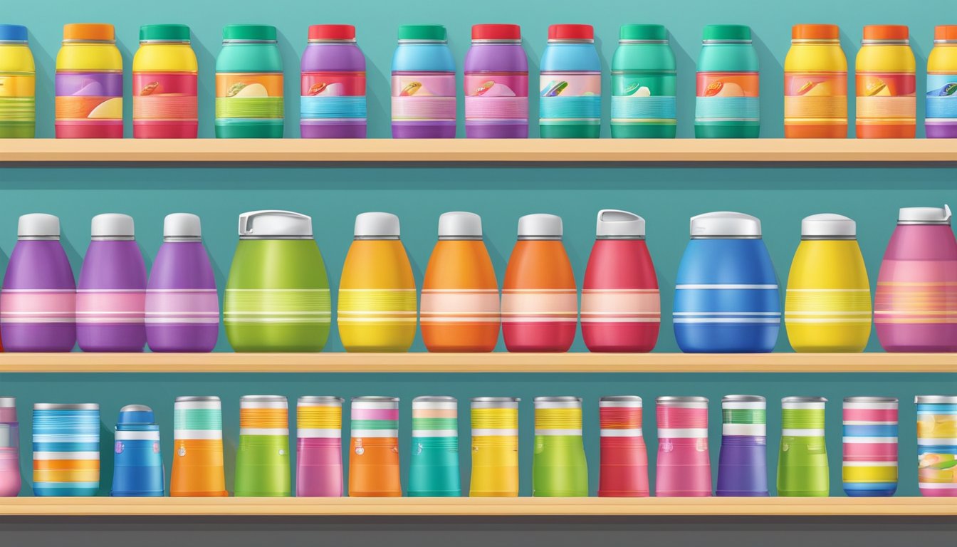 A colorful display of thermos products in a Singaporean store, with various sizes and designs neatly organized on shelves. Bright signage highlights special offers