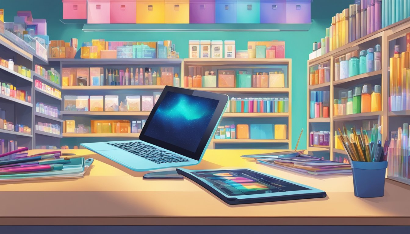 A hand reaches for a Wacom tablet in a brightly lit store in Singapore. Shelves are filled with various digital art tools and accessories