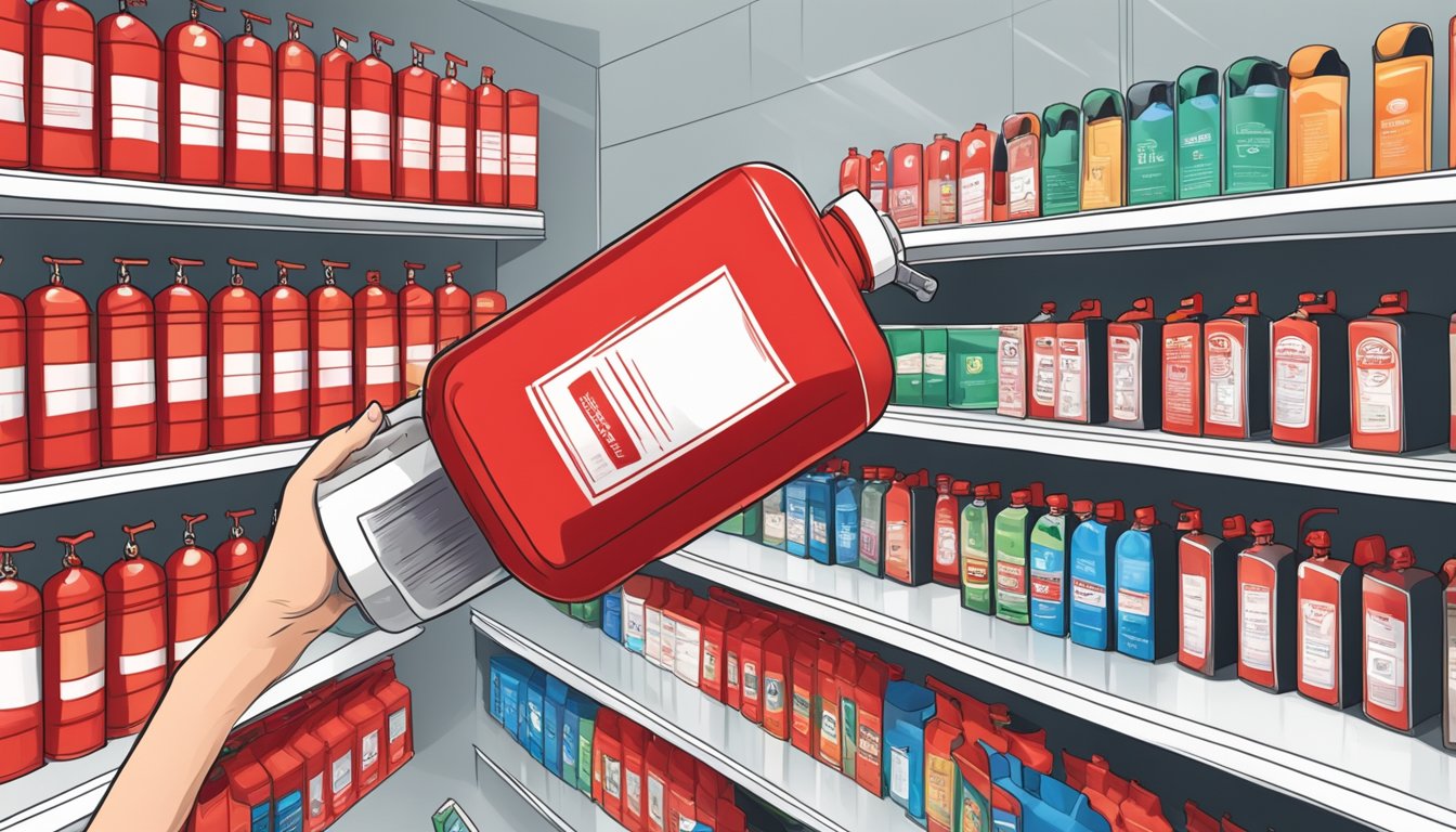 A hand reaches for a red fire extinguisher on a white shelf in a Singapore store