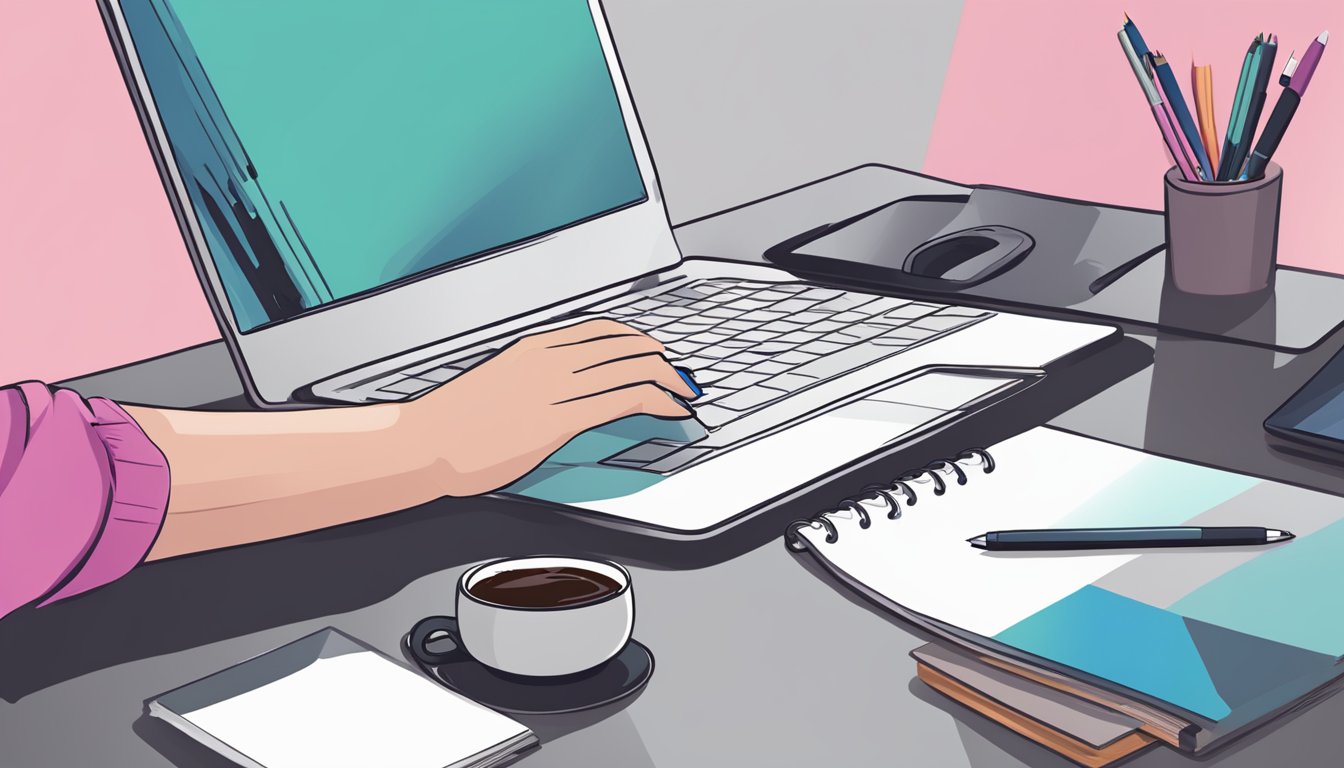 A person's hand uses a Wacom tablet and pen to create digital art on a computer, with a cup of coffee and a notebook nearby