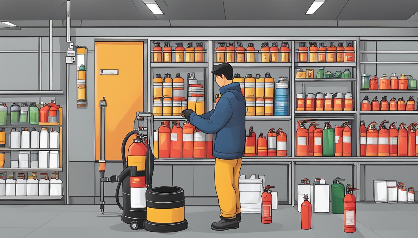 A person installing and maintaining a fire extinguisher in Singapore