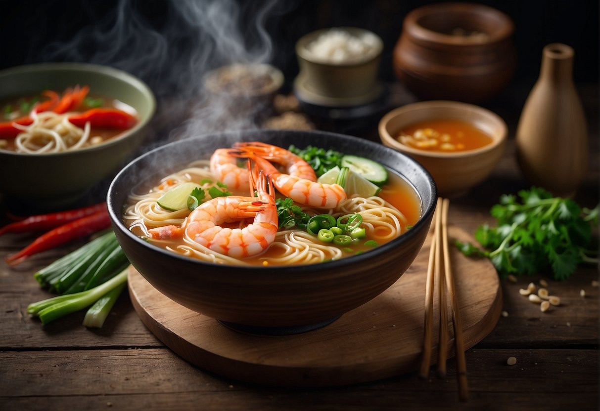 A steaming bowl of prawn noodle soup sits on a rustic wooden table, surrounded by various traditional Chinese ingredients and utensils