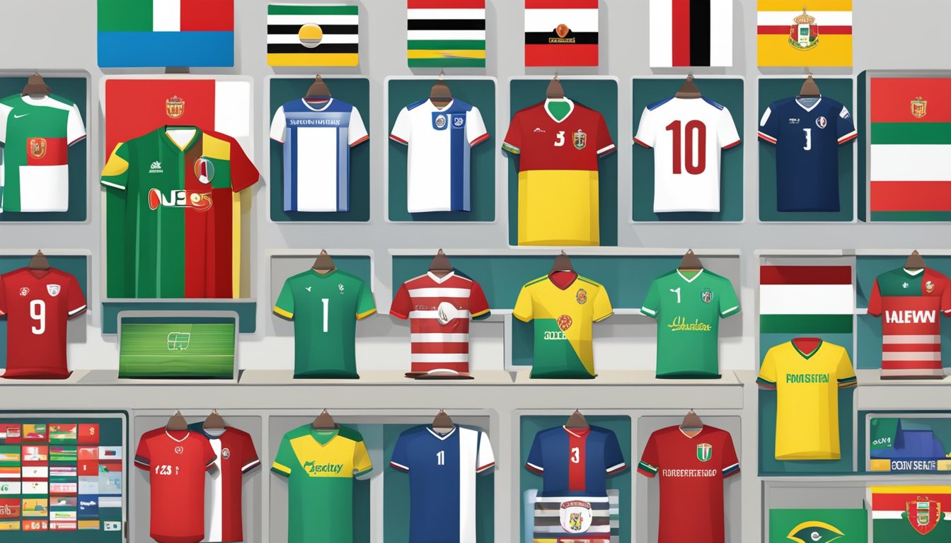 A computer screen displays a website with various football jerseys for sale. UAE flag in the background