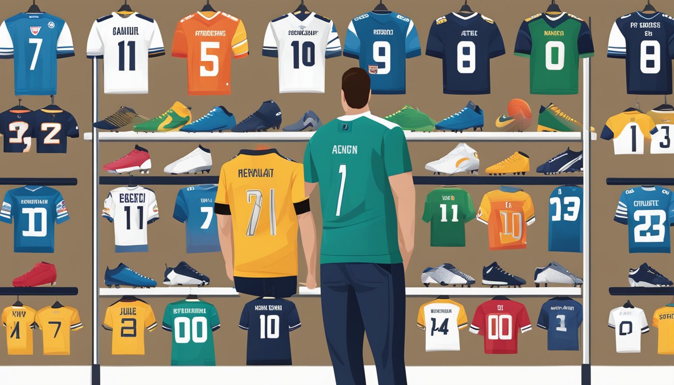 A customer browsing through a variety of football jerseys displayed on a website, with different colors, sizes, and designs available for purchase
