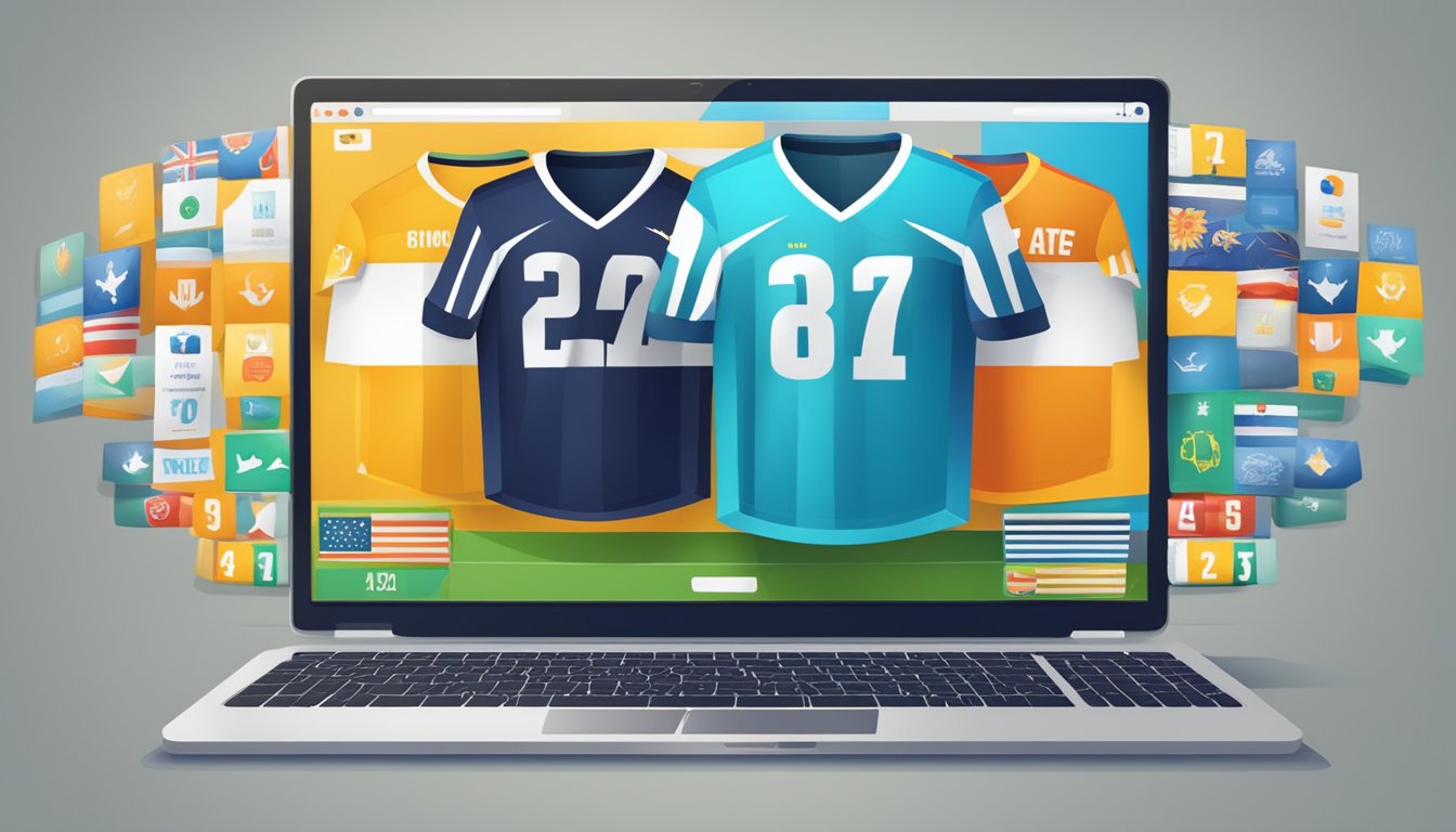 A computer screen displaying a website with various football jerseys. A hand cursor clicks on a jersey to add it to the virtual shopping cart