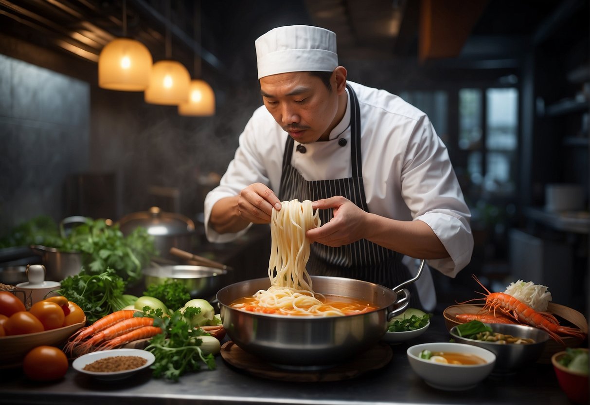 A Chinese chef prepares prawn noodle soup, surrounded by traditional ingredients like prawns, noodles, and aromatic spices