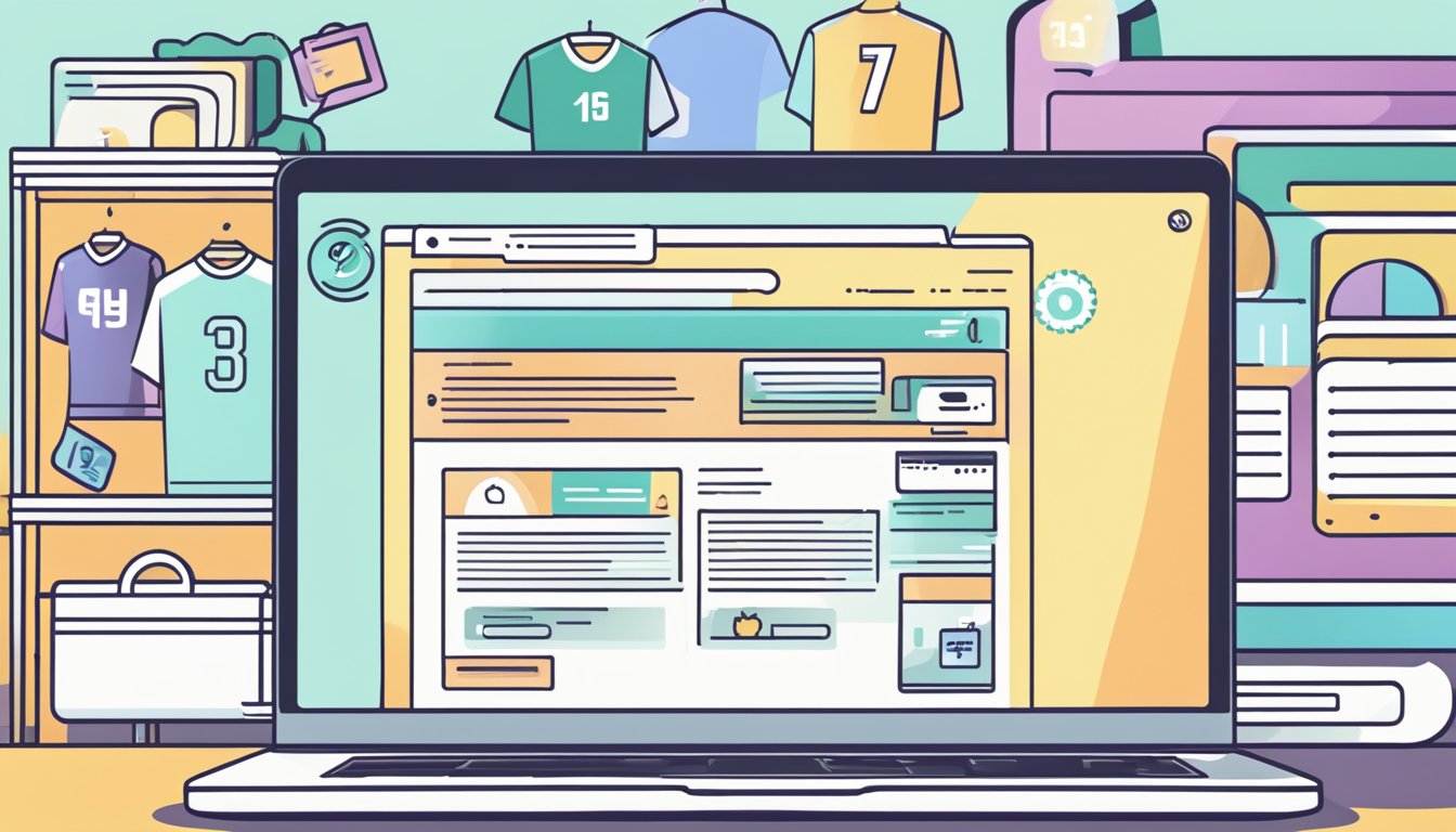 A computer screen with a football jersey website open, showing a list of FAQs and a shopping cart icon