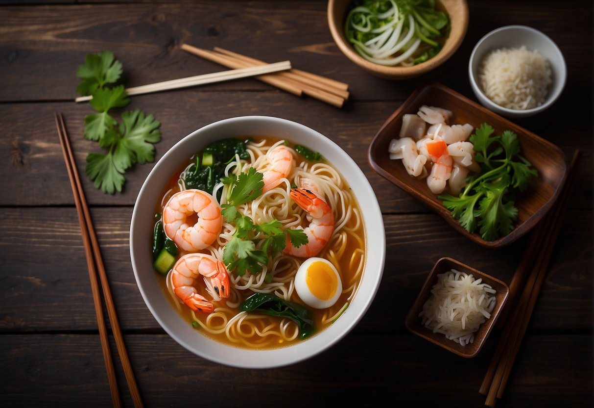 A steaming bowl of prawn noodle soup with fresh ingredients and chopsticks on a rustic wooden table