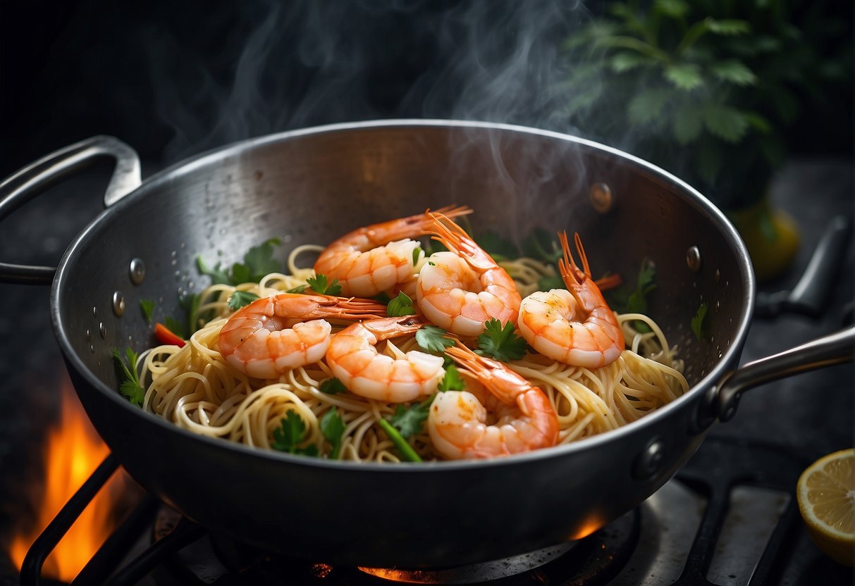 Prawns being stir-fried in a wok, noodles boiling in a pot, and aromatic herbs and spices being added to a simmering broth