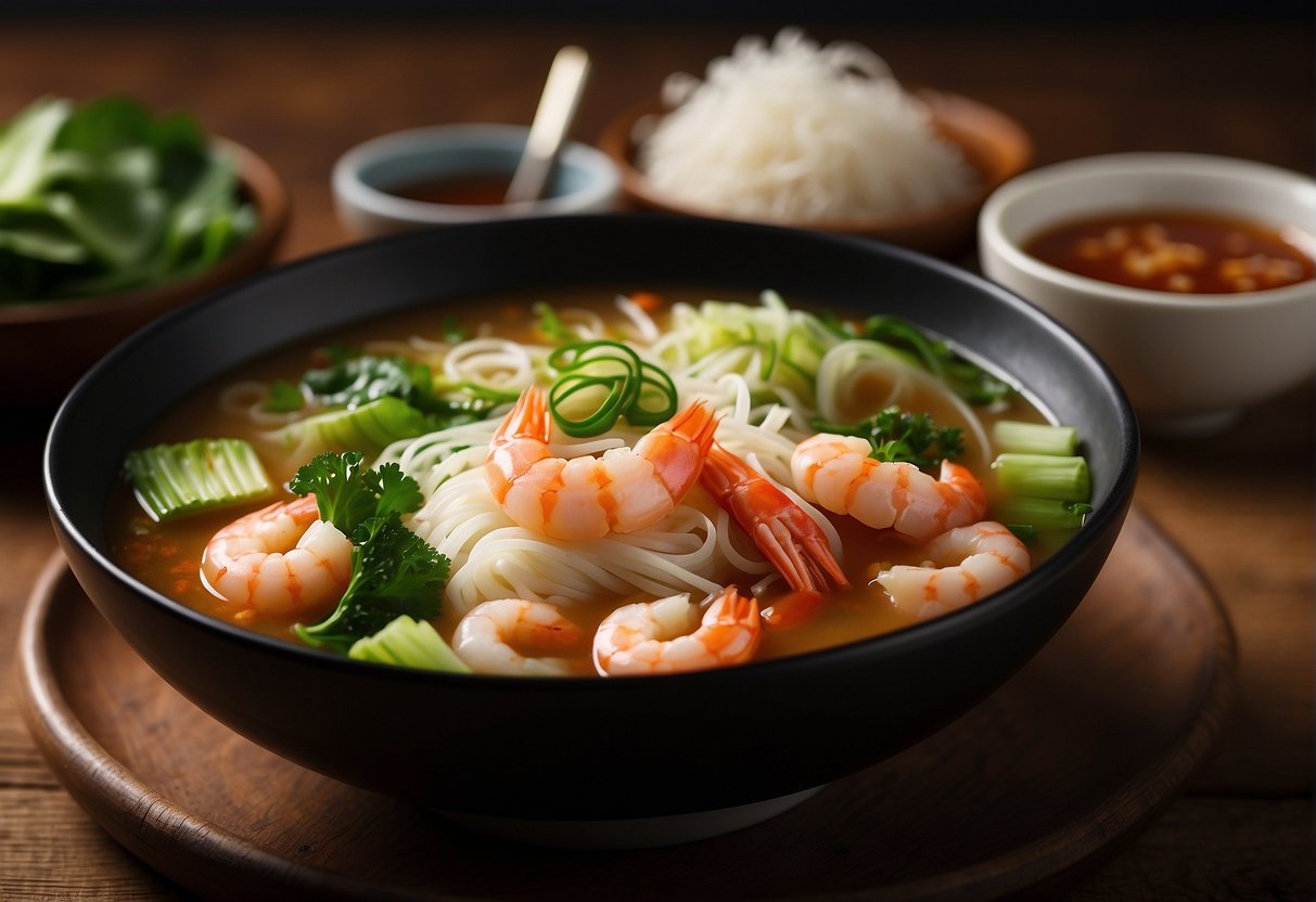 A steaming bowl of prawn noodle soup sits on a wooden table, surrounded by fresh ingredients like bok choy, bean sprouts, and chili peppers. A small dish of soy sauce and a pair of chopsticks complete the scene