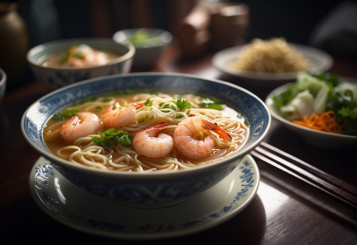 Prawn noodle soup being served with garnish in a Chinese kitchen