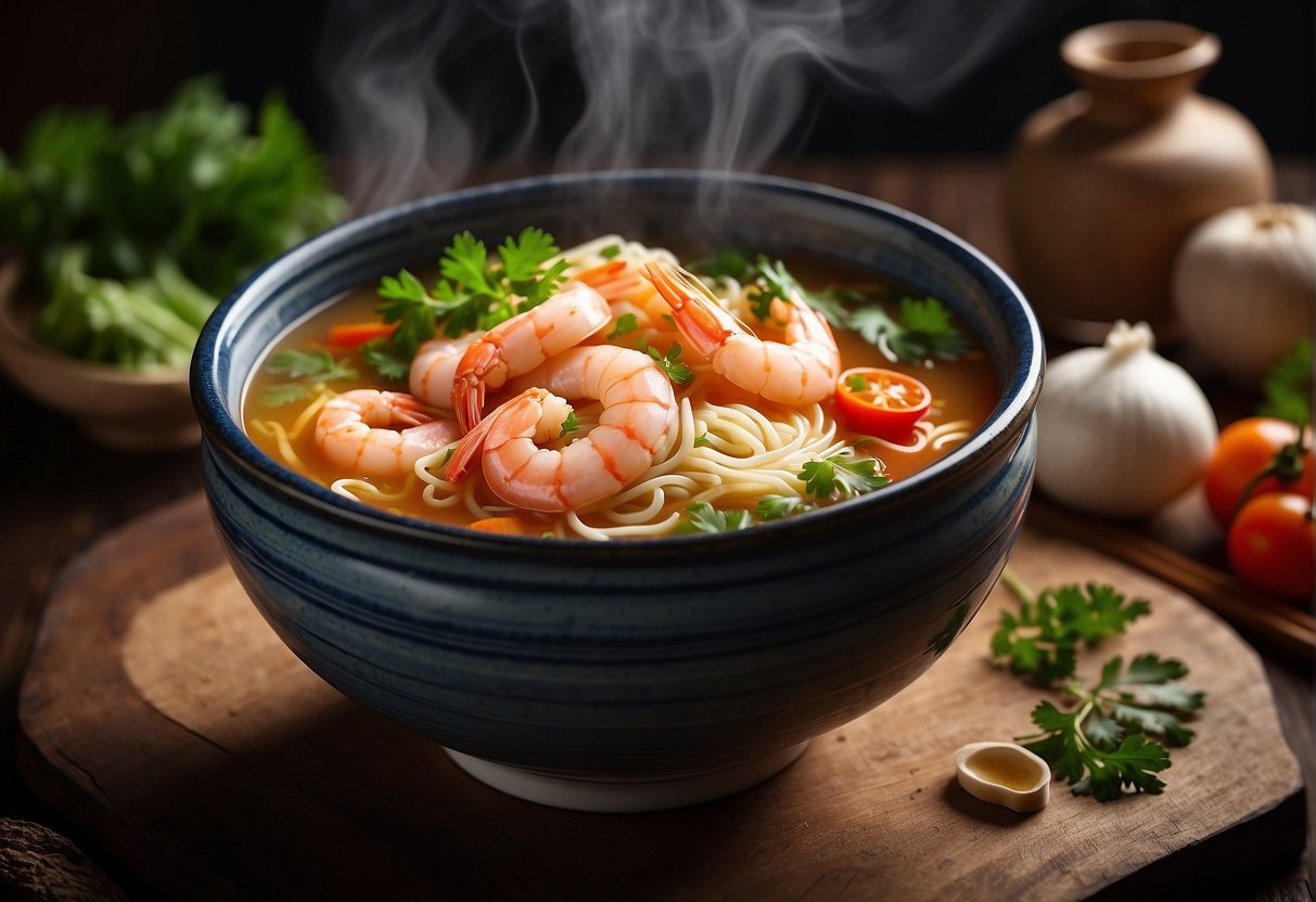 A steaming bowl of prawn noodle soup sits on a wooden table, surrounded by fresh ingredients like prawns, noodles, and aromatic herbs