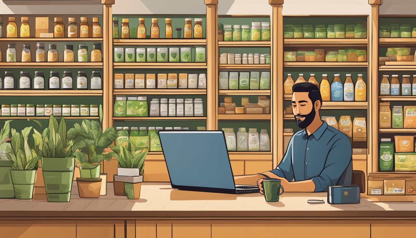 Customers browsing shelves of yerba mate products with a laptop and phone nearby for online ordering