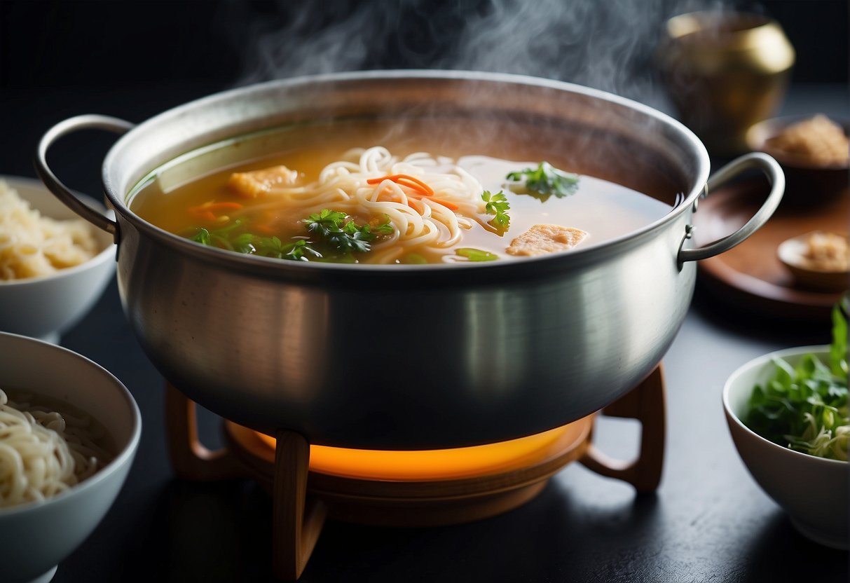 A pot of simmering hot pot soup base with ingredients floating in the broth. Steam rises from the pot, and chopsticks are placed nearby