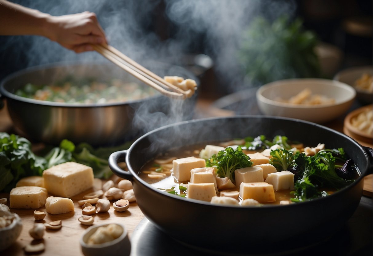 A hand reaches for various fresh ingredients, including mushrooms, tofu, and leafy greens, to add to a bubbling pot of Chinese hot pot soup base