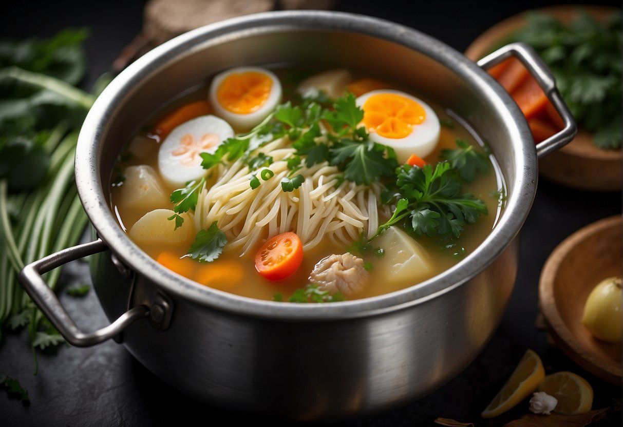 Fresh ingredients simmer in a large pot of aromatic broth, creating a rich and flavorful soup base for Chinese hot pot