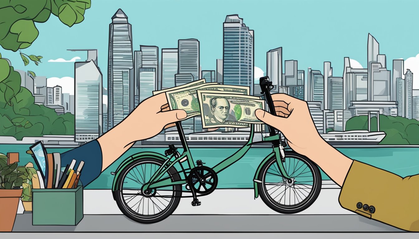 A customer hands over cash for a Brompton bike in a Singapore bike shop. The shop's logo and a city skyline are visible in the background