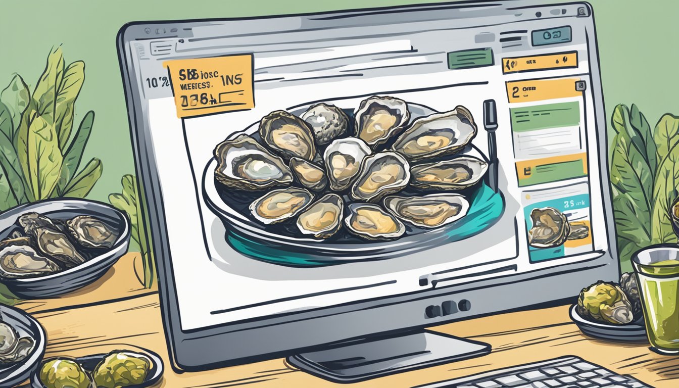 A computer screen displaying a website with a variety of fresh oysters for sale. A cursor hovers over the "add to cart" button