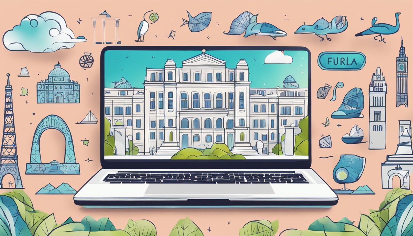 A laptop open to a website with the Furla logo, surrounded by Australian landmarks and symbols