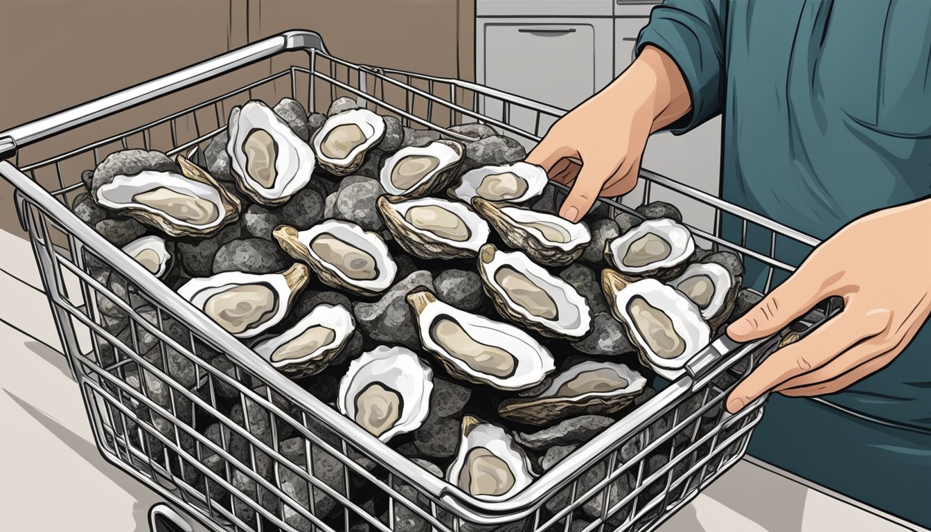 A hand selects fresh oysters from an online store, placing them in a shopping cart. The oysters are then delivered to a kitchen counter, ready to be prepared and served