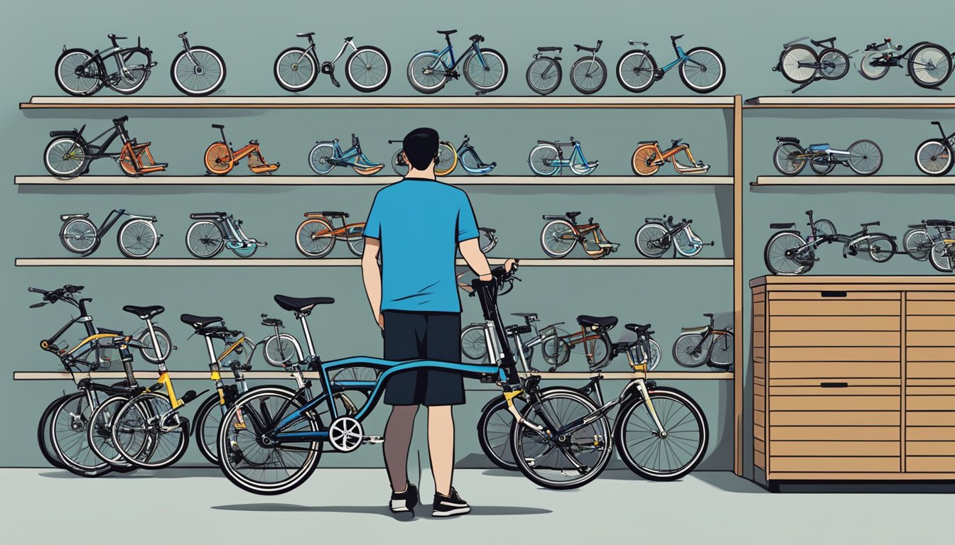 A customer carefully examines a range of Brompton bikes at a Singapore bike shop, comparing features and colors before making a decision