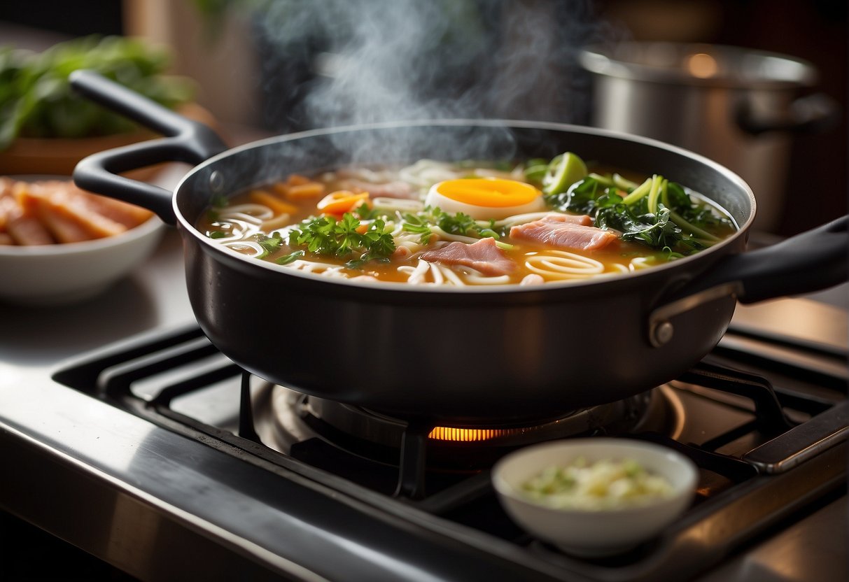 A pot of bubbling hot broth simmers on a portable stove. Various fresh ingredients, such as thinly sliced meats and leafy greens, are arranged on a nearby table. Chopsticks and ladles are ready for use