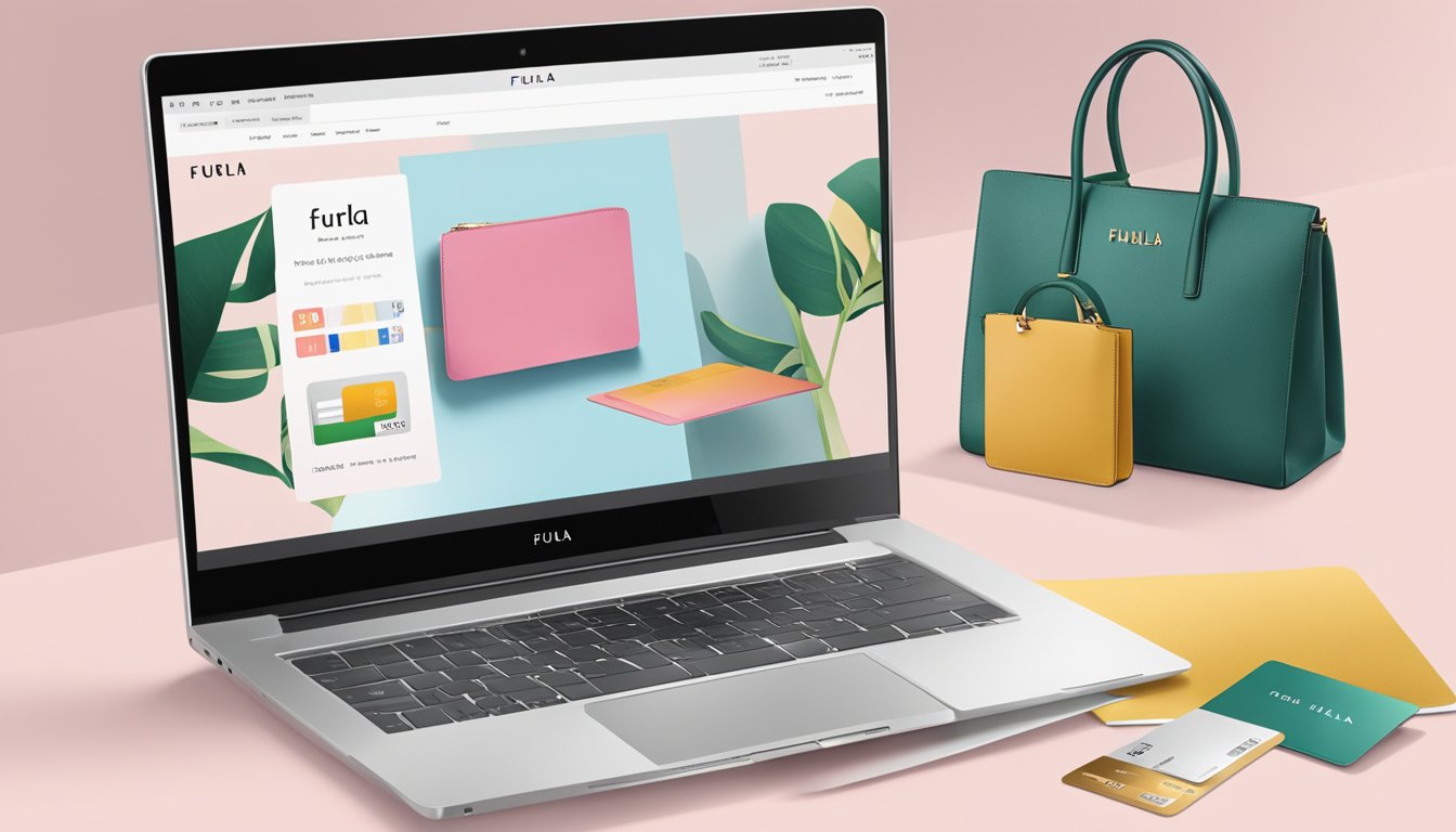 A laptop open with the Furla website displayed, a credit card lying nearby, and a Furla bag in the background
